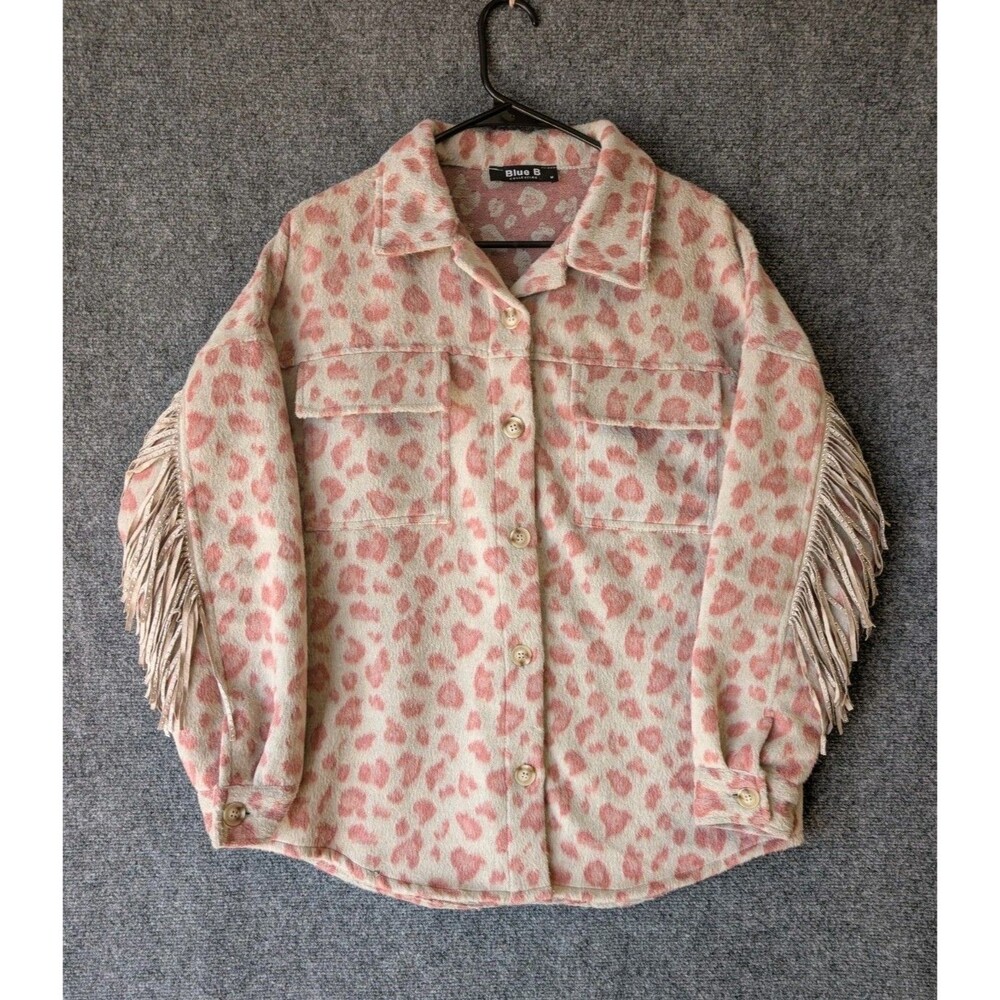Blue B Leopard Print Fringe M Shacket Western Boho Brushed Flannel Jacket Cowgir - Picture 2 of 13